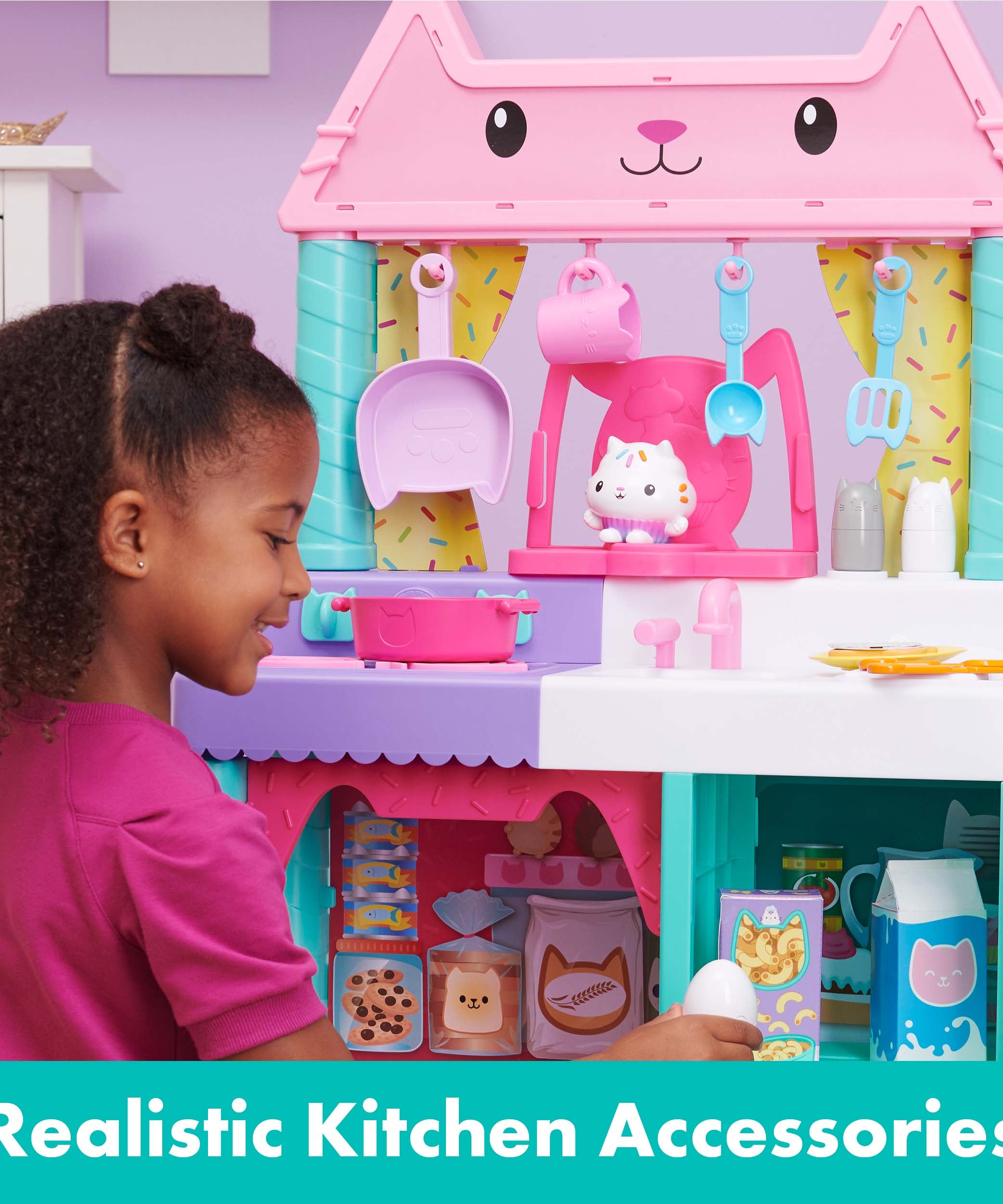 Gabby’s Dollhouse Cakey Cat Kitchen Set – 3-Foot Tall Play Kitchen with 20+ Accessories, Play Food, Sounds & Music for Kids Ages 3+ - MINIMEE KIDS