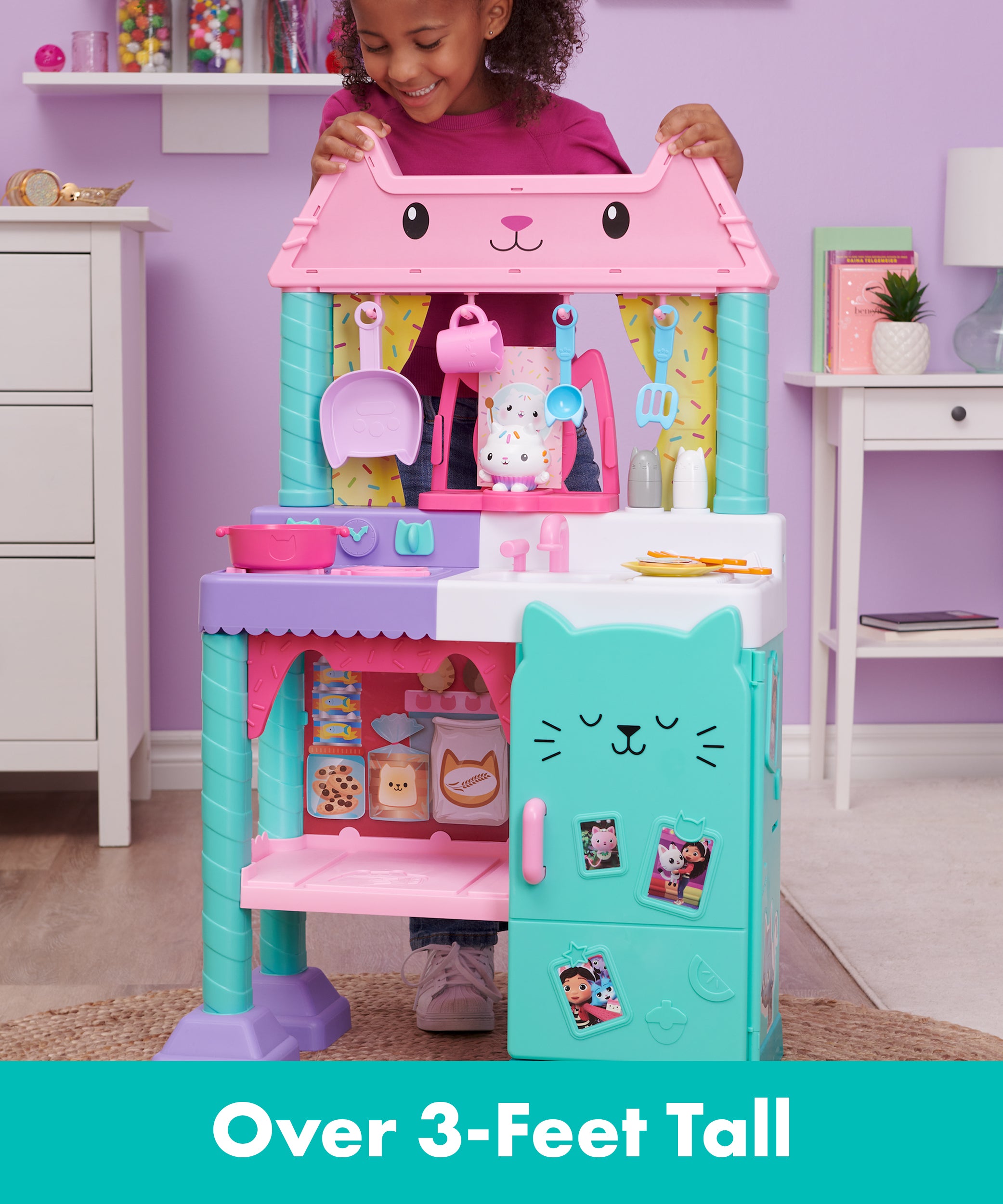 Gabby’s Dollhouse Cakey Cat Kitchen Set – 3-Foot Tall Play Kitchen with 20+ Accessories, Play Food, Sounds & Music for Kids Ages 3+ - MINIMEE KIDS