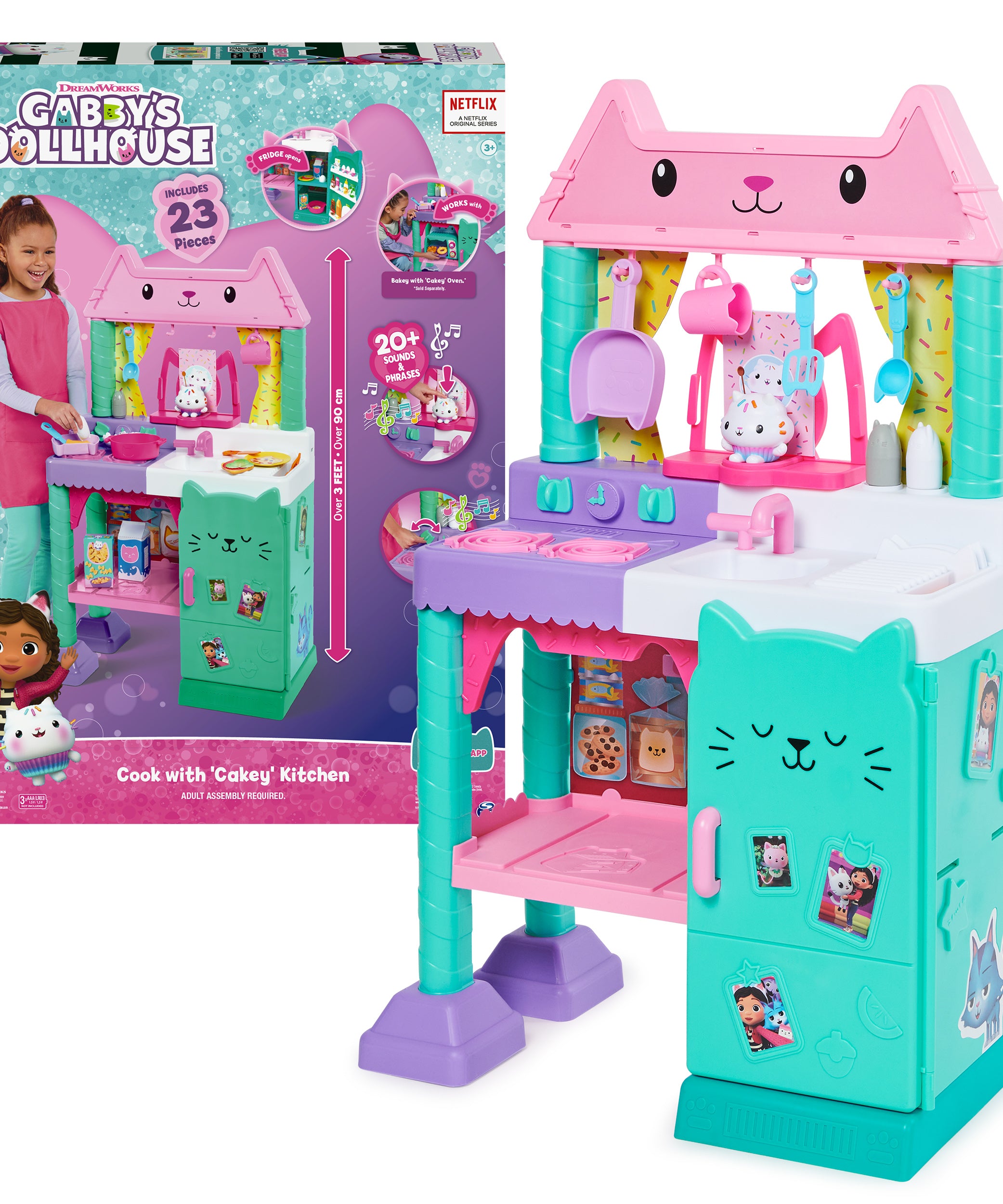 Gabby’s Dollhouse Cakey Cat Kitchen Set – 3-Foot Tall Play Kitchen with 20+ Accessories, Play Food, Sounds & Music for Kids Ages 3+ - MINIMEE KIDS