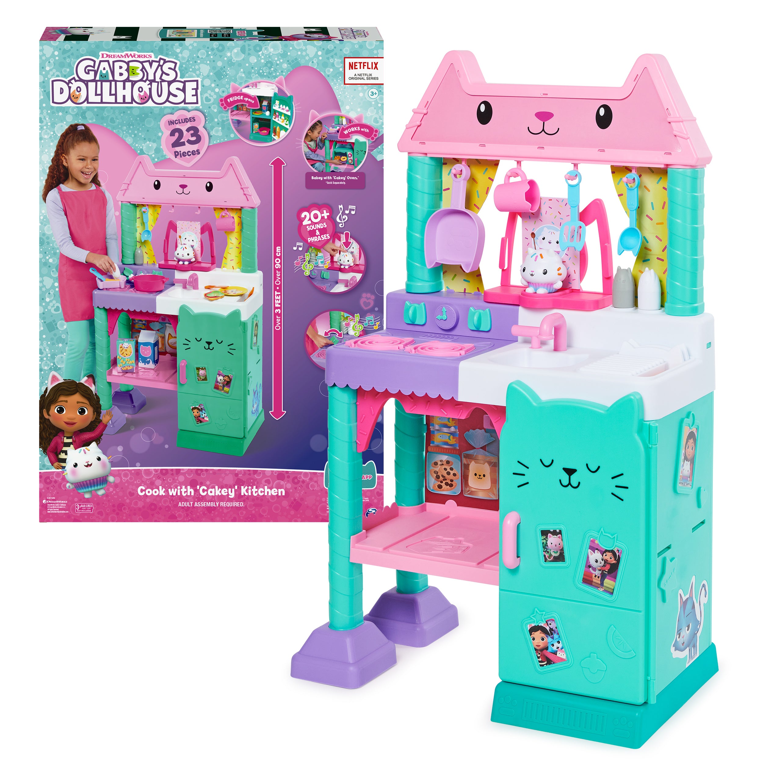 Gabby’s Dollhouse Cakey Cat Kitchen Set – 3-Foot Tall Play Kitchen with 20+ Accessories, Play Food, Sounds & Music for Kids Ages 3+
