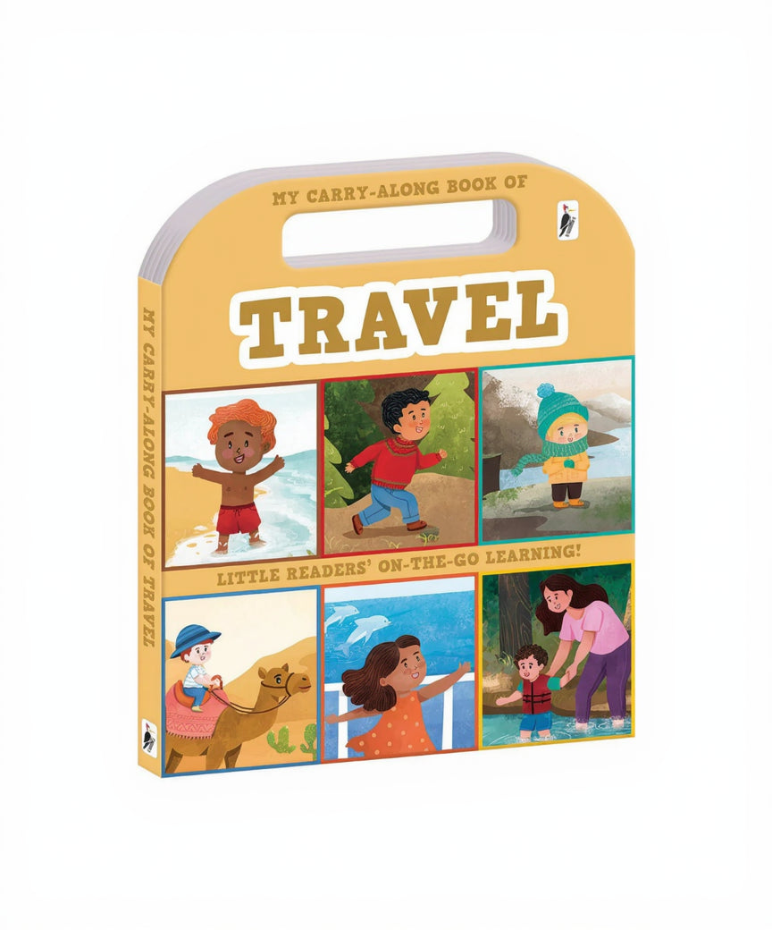 Book titled 'My Carry-Along Book of Travel' with illustrations of children in various travel scenarios 
