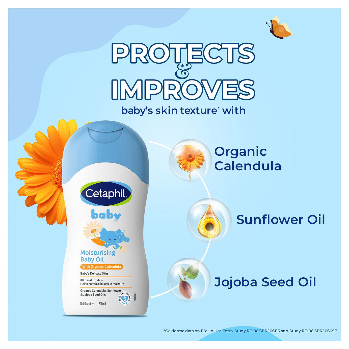 Cetaphil Baby Moisturising Baby Oil with Organic Calendula, Sunflower & jojoba seed oils – 200ml | Gentle Hydration, 8H Moisture Lock, Non-Sticky Massage Oil for Baby’s Delicate Skin