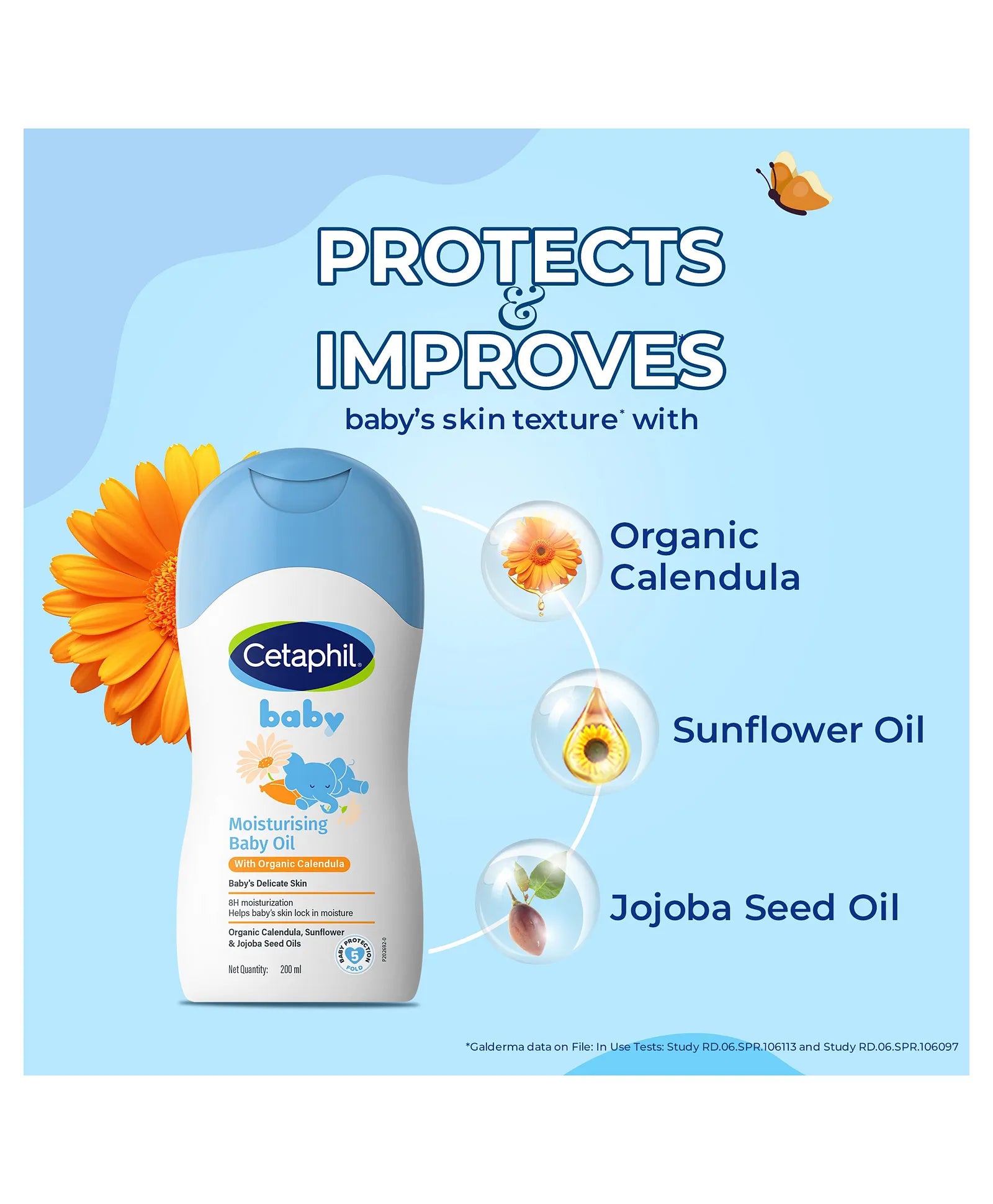Cetaphil Baby Moisturising Baby Oil with Organic Calendula, Sunflower & jojoba seed oils – 200ml | Gentle Hydration, 8H Moisture Lock, Non-Sticky Massage Oil for Baby’s Delicate Skin