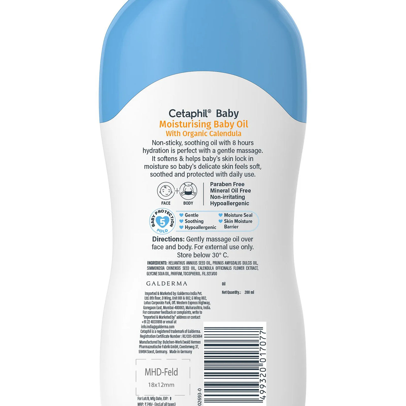 Cetaphil Baby Moisturising Baby Oil with Organic Calendula, Sunflower & jojoba seed oils – 200ml | Gentle Hydration, 8H Moisture Lock, Non-Sticky Massage Oil for Baby’s Delicate Skin