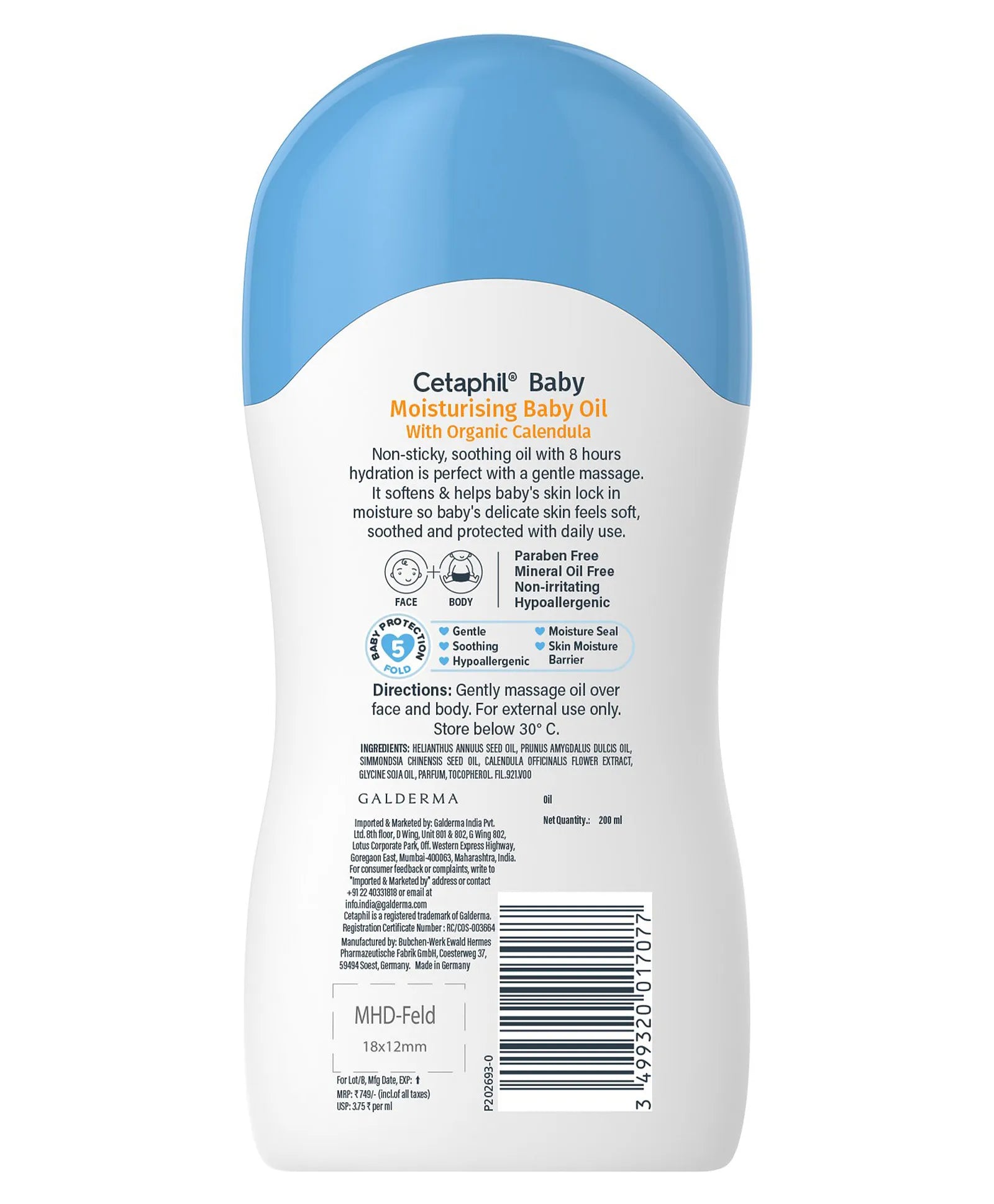 Cetaphil Baby Moisturising Baby Oil with Organic Calendula, Sunflower & jojoba seed oils – 200ml | Gentle Hydration, 8H Moisture Lock, Non-Sticky Massage Oil for Baby’s Delicate Skin