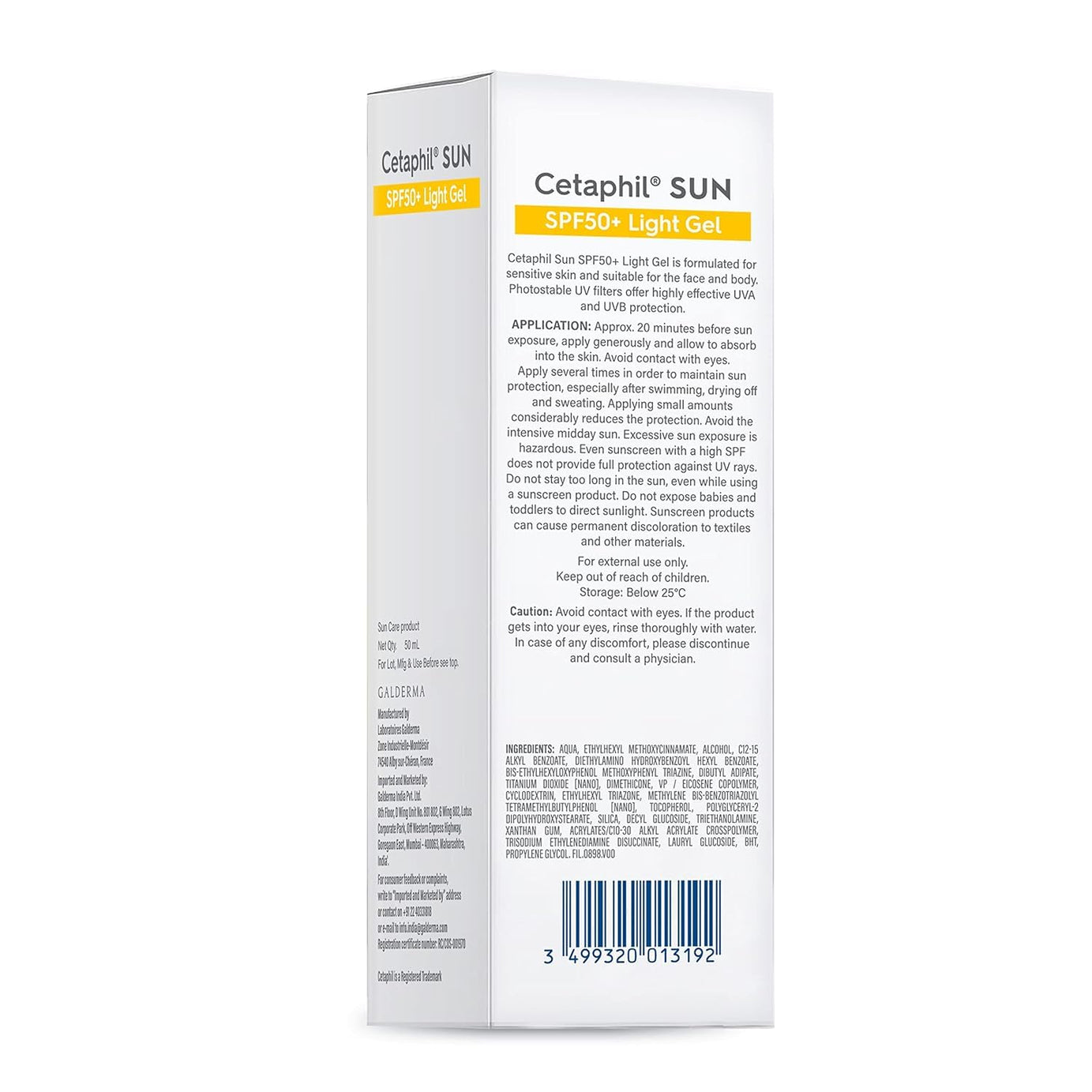 Cetaphil Sun SPF 50+ Sunscreen | Very High Protection Light Gel Water Resistant Vitamin E - 50ml