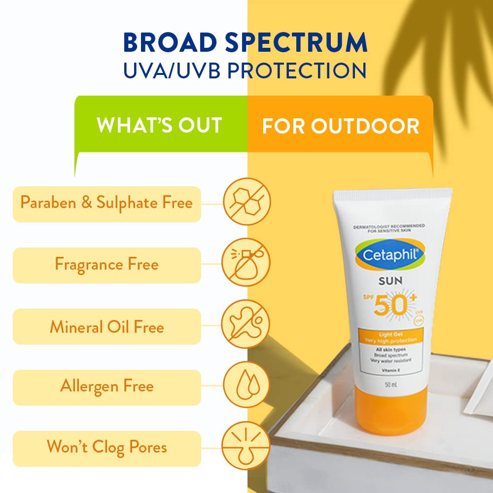 Cetaphil Sun SPF 50+ Sunscreen | Very High Protection Light Gel Water Resistant Vitamin E - 50ml