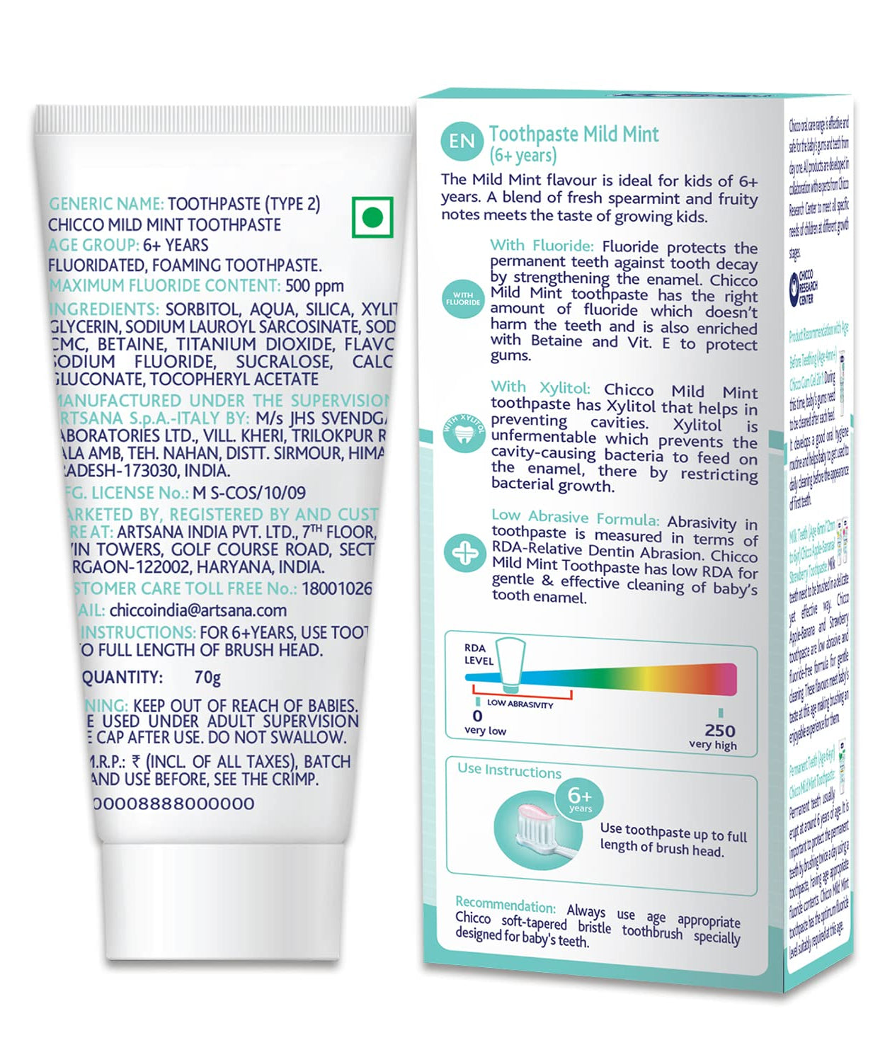Chicco Mild Mint Toothpaste With fluoride for 6+ Years kids - 70g