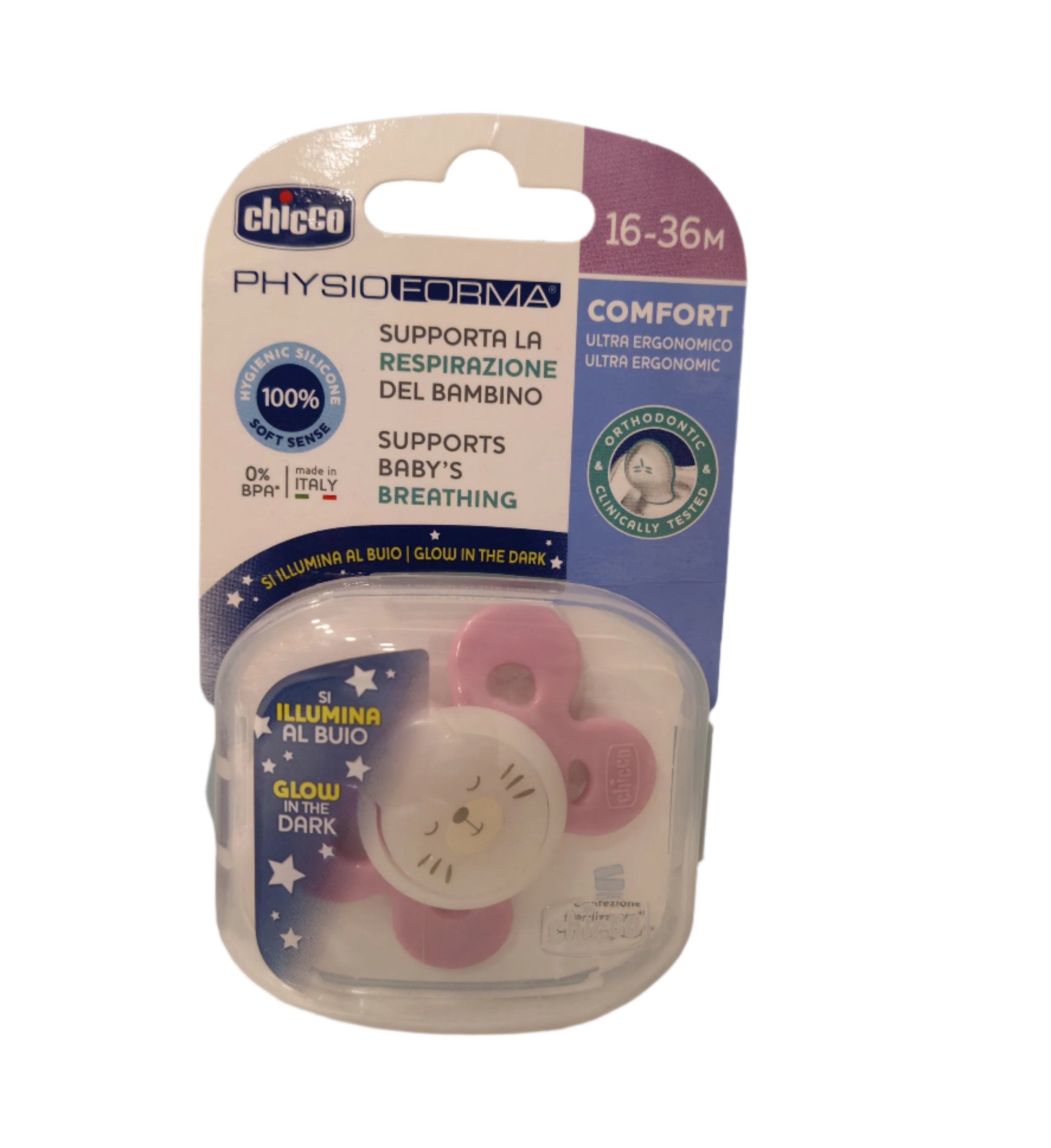 Chicco PhysioForma Comfort Glow in the Dark Silicone Pacifier, Pink & blue, 16–36 Months | Clinically Tested Orthodontic Design | Supports Baby's Breathing | BPA-Free