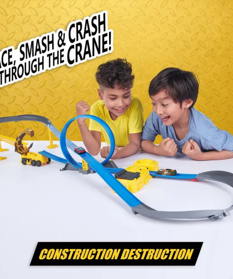 Zuru Metal Machines Construction Destruction Track Set with Motorized Speed Booster, Boulder Launcher & Exclusive Diecast Cars for Kids 4+ Years