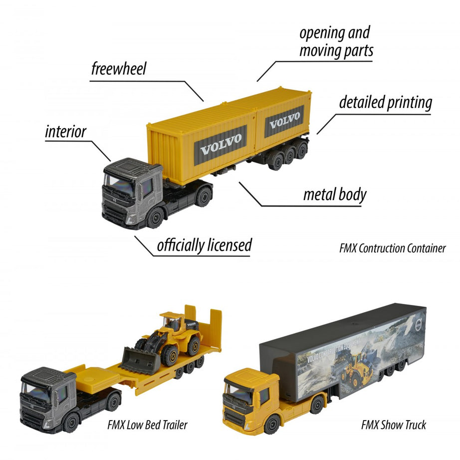 Majorette Volvo Construction Series Die-Cast Trucks 3 Variants - FMX Construction Container, FMX Low Bed Trailer, FMX Show Truck | Realistic Detailing, Durable Build, Ideal for Kids & Collectors | Premium Construction Vehicles for Ages 3+