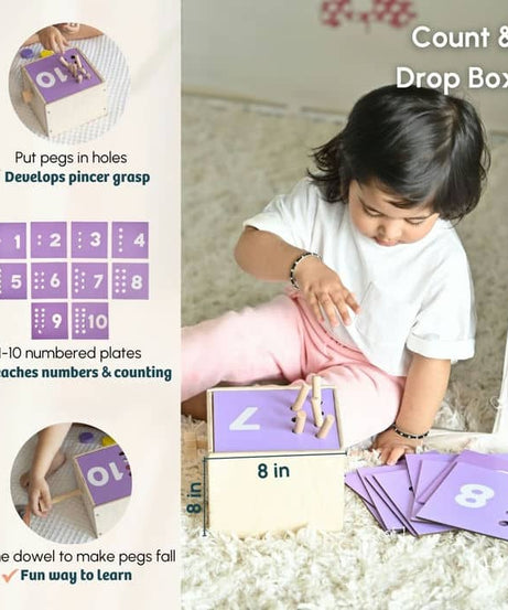 Curious Cub Count & Drop Box Montessori Toy for Kids 2+ Years | Wooden Peg Drop Activity Box for Early Math Skills, Fine Motor Development & Sensory Play