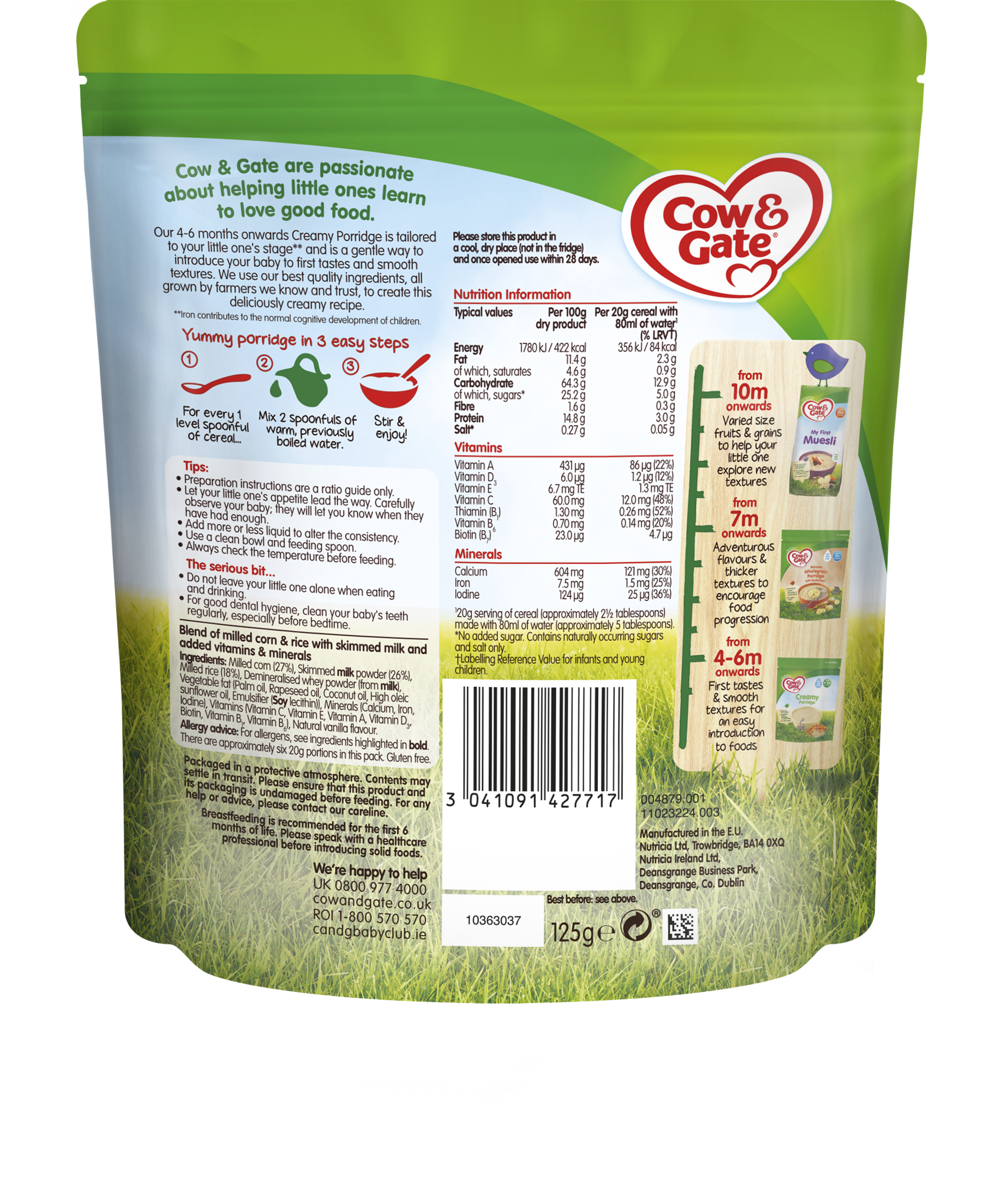Cow & Gate Creamy Porridge 125g – Nutritious Gluten-Free Baby Cereal for 4+ Months | Gentle First Weaning Food with Essential Vitamins - MINIMEE KIDS
