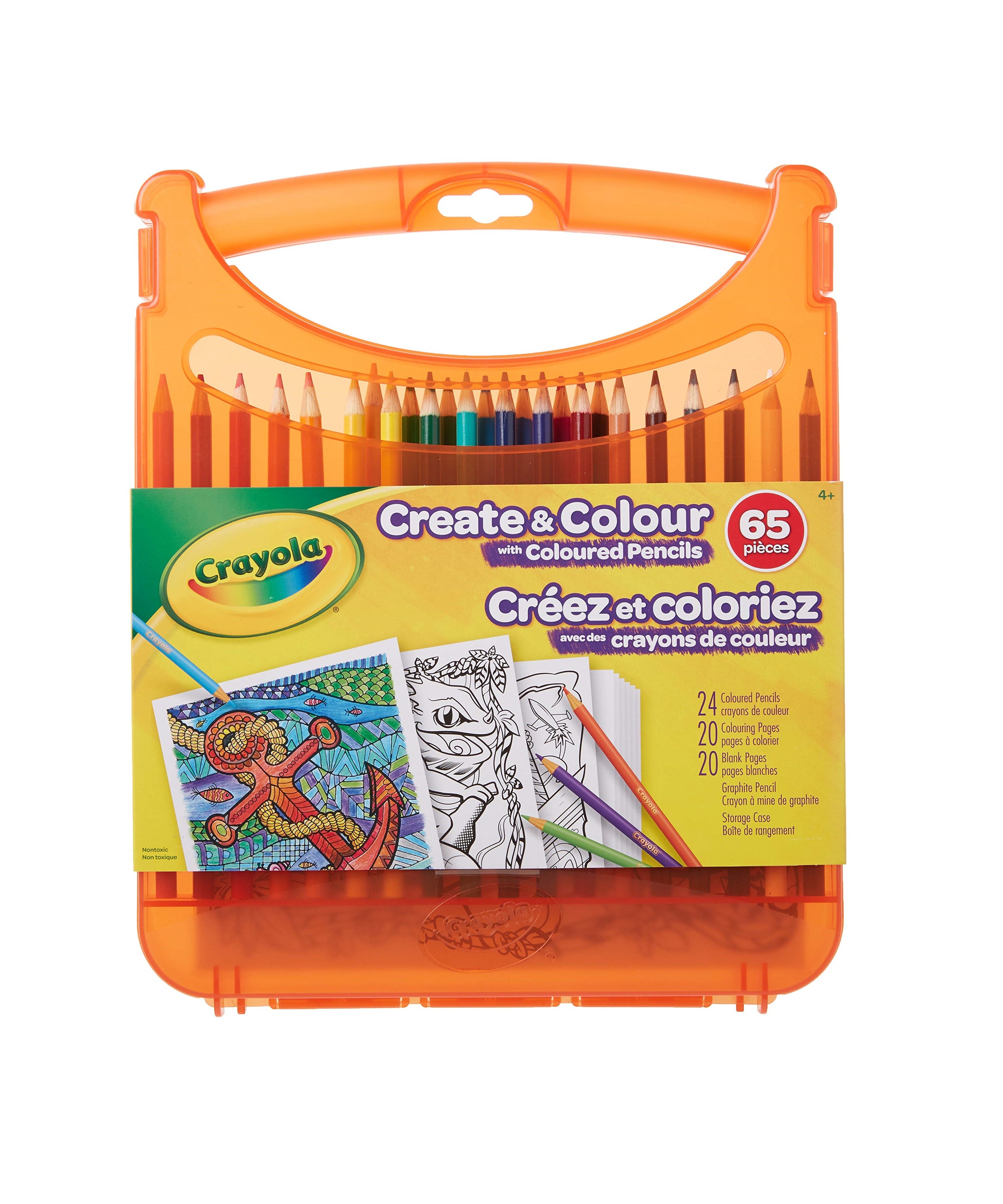 Crayola Create & Colour 65-Piece Coloured Pencils Set with Line Art & Blank Sheets – Art Kit for Kids Aged 4+, Durable Case Included