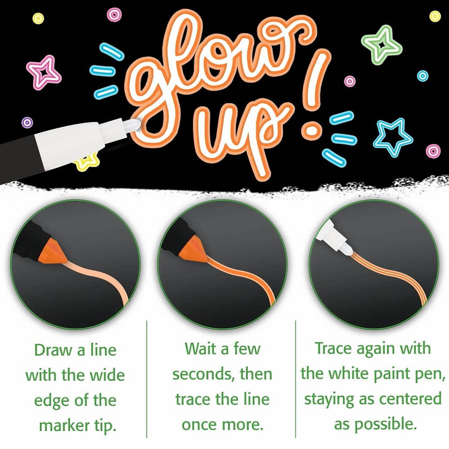 Crayola Neon Light Effects Markers Pack – 6 Gel FX Neon Colours + 1 White Paint Pen | For Age 6+ | Broad Line Tip | Vibrant Neon Art Without Special Lighting | Works on Light & Dark Paper