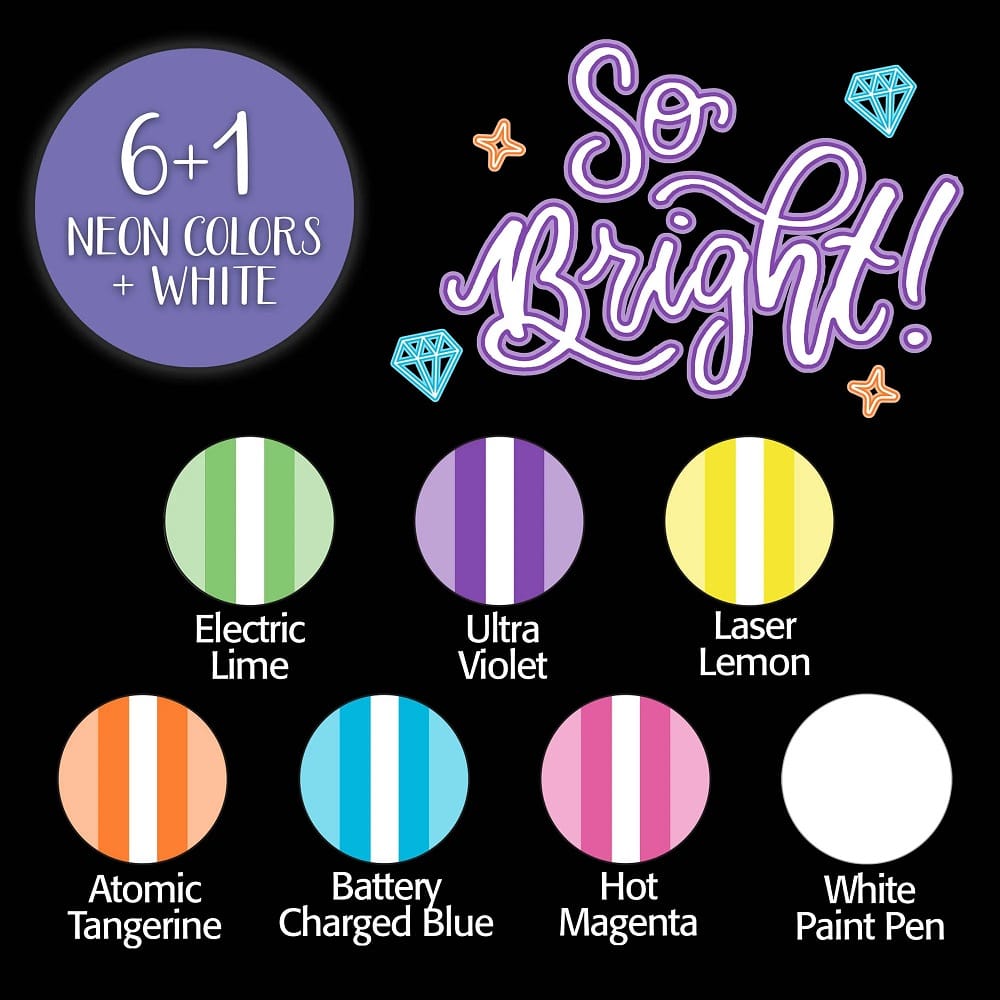 Crayola Neon Light Effects Markers Pack – 6 Gel FX Neon Colours + 1 White Paint Pen | For Age 6+ | Broad Line Tip | Vibrant Neon Art Without Special Lighting | Works on Light & Dark Paper