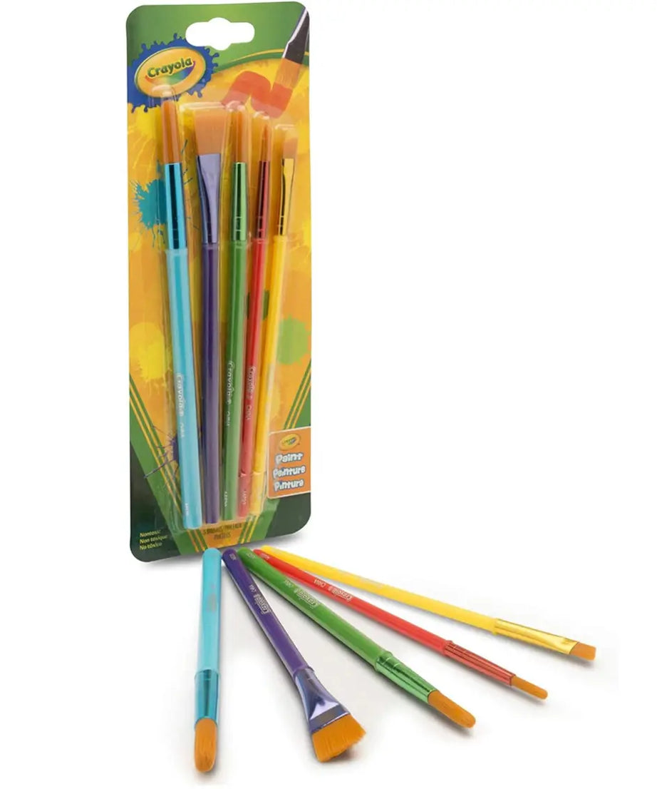 Crayola 5-Piece Paint Brush Set – Assorted Sizes & Shapes | Flat, Angle & Round Brushes for Kids’ Art Projects & Craft Kits | Soft Bristles, Color-Coded Handles