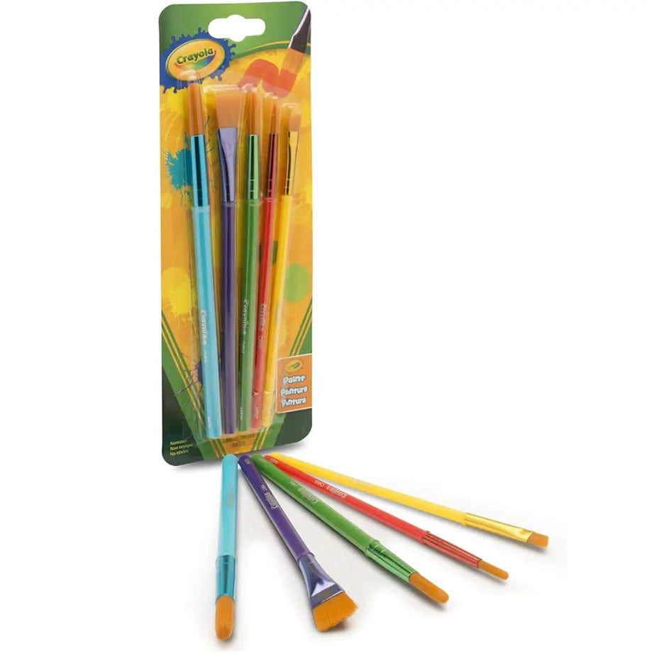Crayola 5-Piece Paint Brush Set – Assorted Sizes & Shapes | Flat, Angle & Round Brushes for Kids’ Art Projects & Craft Kits | Soft Bristles, Color-Coded Handles