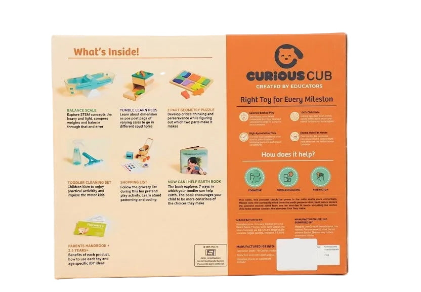 Curious Cub Level 13 Montessori Play & Learn Kit box back, providing a detailed contents list and the specific developmental benefits for toddlers aged 2.6+