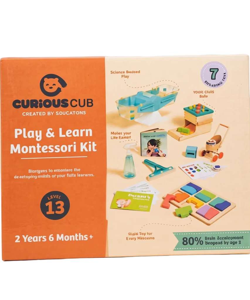 Curious Cub Level 13 Montessori Play & Learn Kit box front, showing illustrations of educational toys and key benefit text for age 2.6+