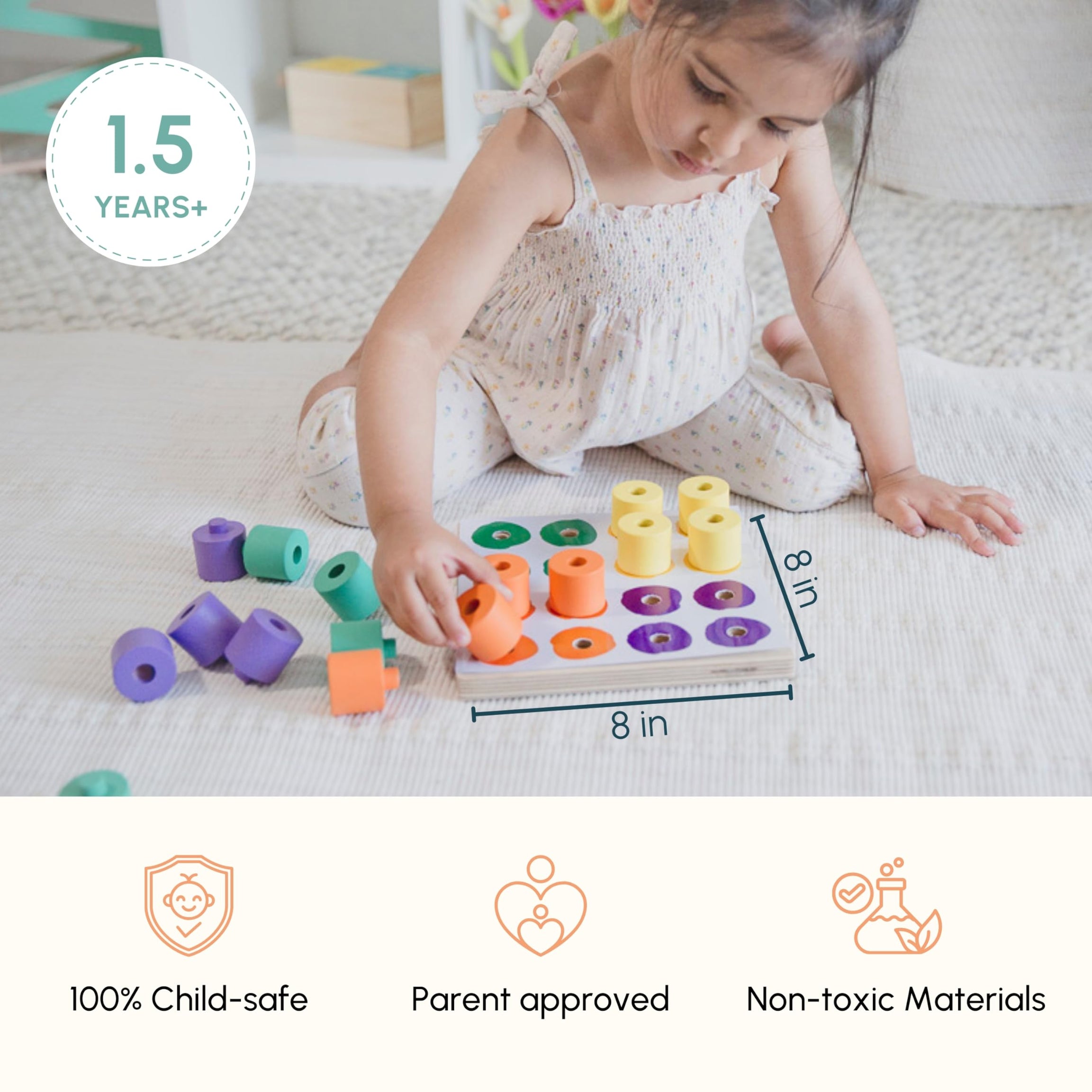 Curious Cub Wooden Stacking & Colour Matching Toy, Montessori-Inspired Educational Ring Stacker for Toddlers Aged 1.5 Years+, Develops Hand-Eye Coordination, Color & Size Recognition