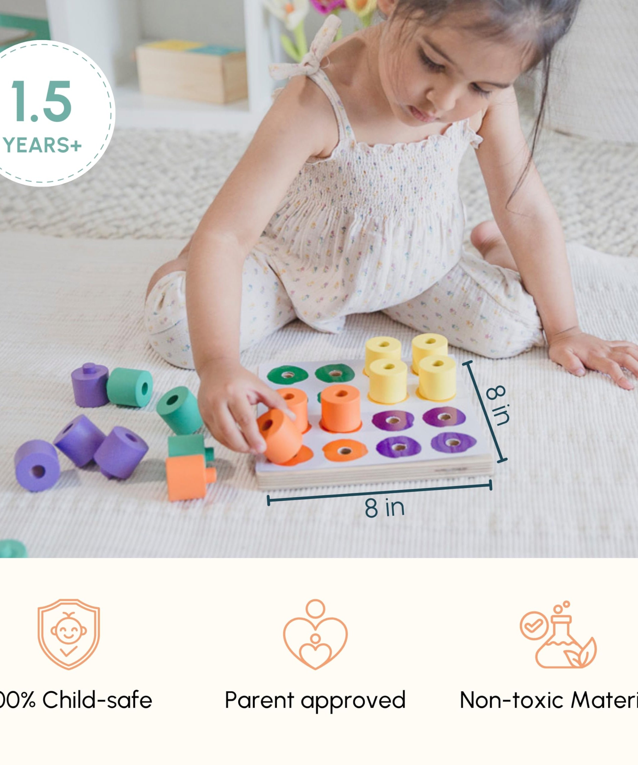 Curious Cub Wooden Stacking & Colour Matching Toy, Montessori-Inspired Educational Ring Stacker for Toddlers Aged 1.5 Years+, Develops Hand-Eye Coordination, Color & Size Recognition