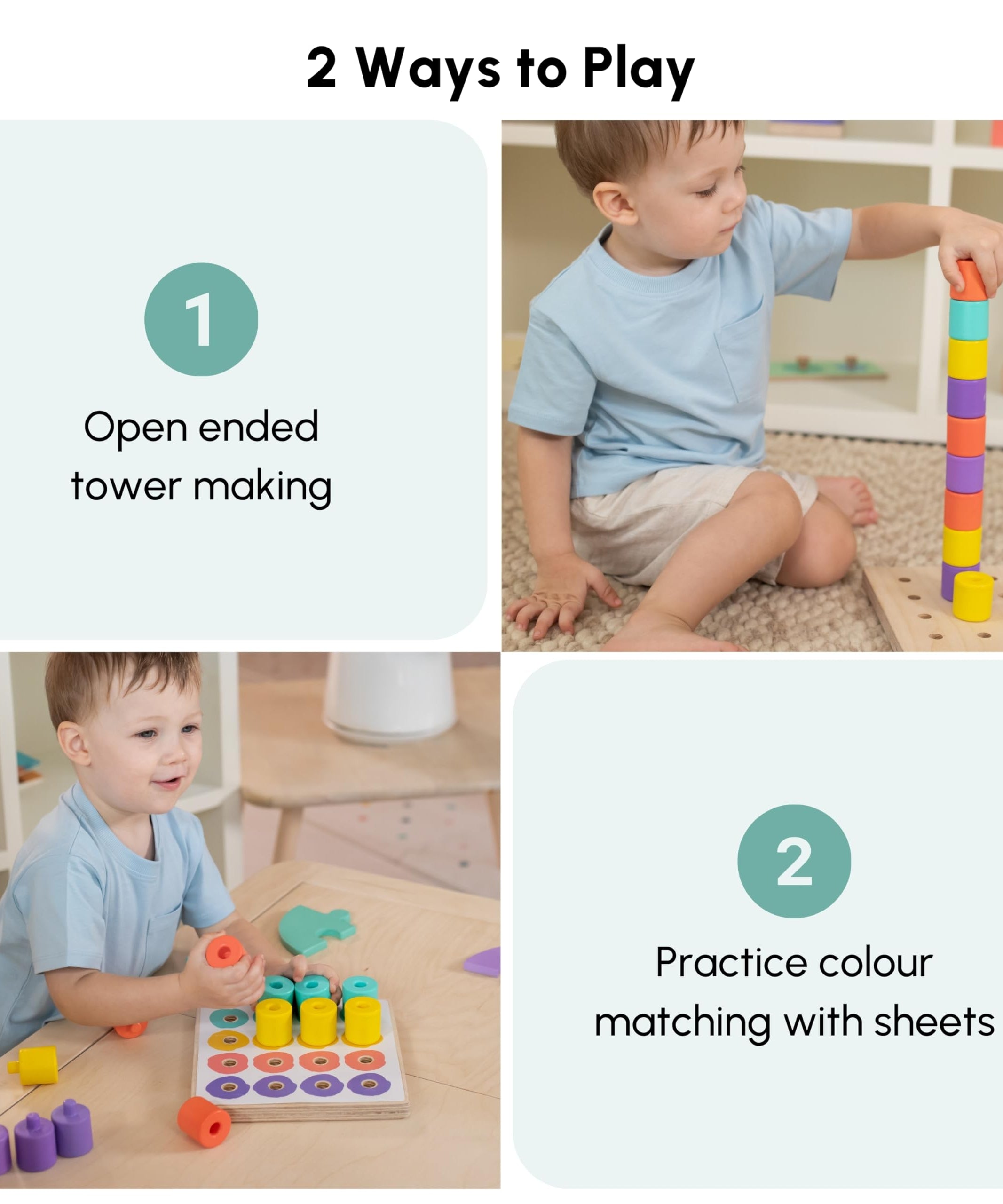 Curious Cub Wooden Stacking & Colour Matching Toy, Montessori-Inspired Educational Ring Stacker for Toddlers Aged 1.5 Years+, Develops Hand-Eye Coordination, Color & Size Recognition