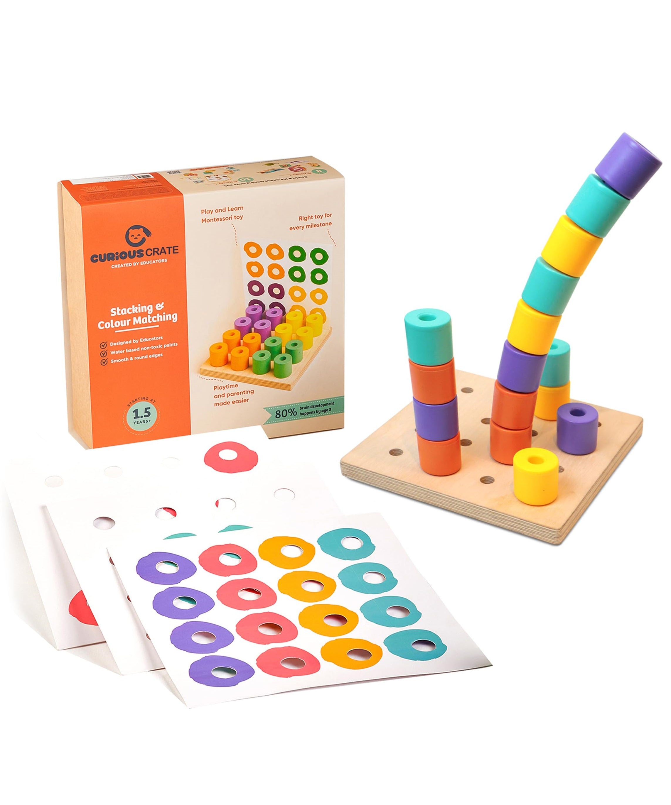 Curious Cub Wooden Stacking & Colour Matching Toy, Montessori-Inspired Educational Ring Stacker for Toddlers Aged 1.5 Years+, Develops Hand-Eye Coordination, Color & Size Recognition