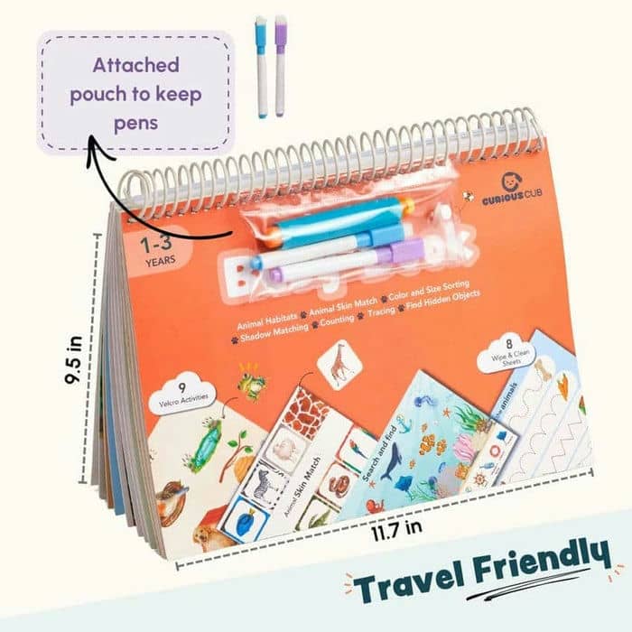 Curious Cub Animal Busy Book for Toddlers Ages 1–3 Years | Montessori-Inspired Learning with 8 Velcro Activities, 5 Wipe & Clean Sheets, and 3 Search & Find Games