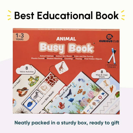 Curious Cub Animal Busy Book for Toddlers Ages 1–3 Years | Montessori-Inspired Learning with 8 Velcro Activities, 5 Wipe & Clean Sheets, and 3 Search & Find Games