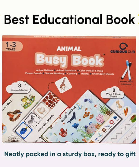 Curious Cub Animal Busy Book for Toddlers Ages 1–3 Years | Montessori-Inspired Learning with 8 Velcro Activities, 5 Wipe & Clean Sheets, and 3 Search & Find Games - MINIMEE KIDS