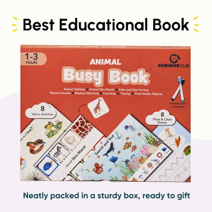 Curious Cub Animal Busy Book for Toddlers Ages 1–3 Years | Montessori-Inspired Learning with 8 Velcro Activities, 5 Wipe & Clean Sheets, and 3 Search & Find Games