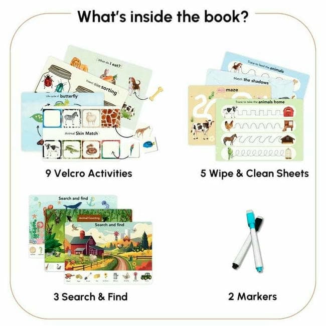 Curious Cub Animal Busy Book for Toddlers Ages 1–3 Years | Montessori-Inspired Learning with 8 Velcro Activities, 5 Wipe & Clean Sheets, and 3 Search & Find Games