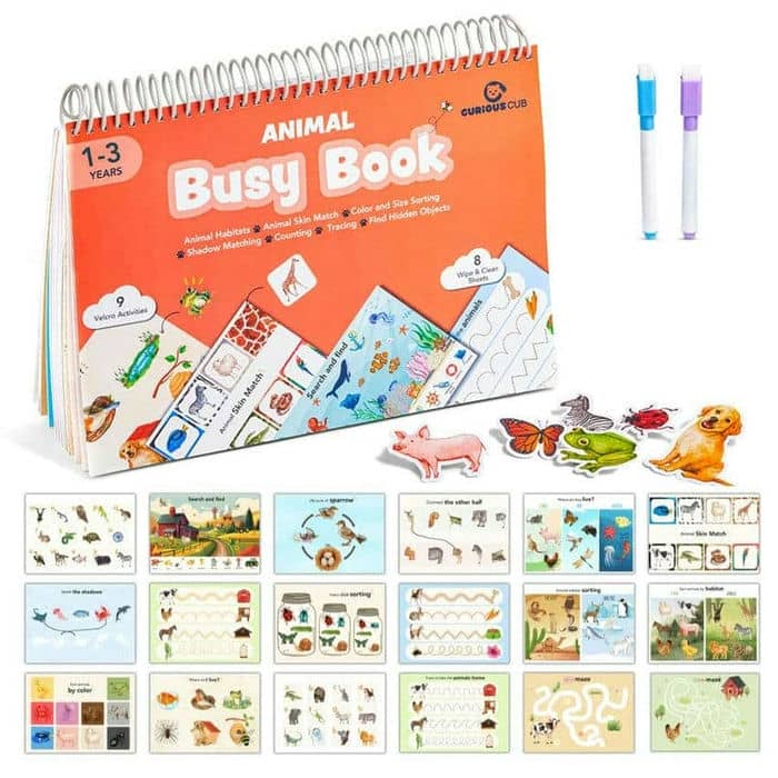 Curious Cub Animal Busy Book for Toddlers Ages 1–3 Years | Montessori-Inspired Learning with 8 Velcro Activities, 5 Wipe & Clean Sheets, and 3 Search & Find Games