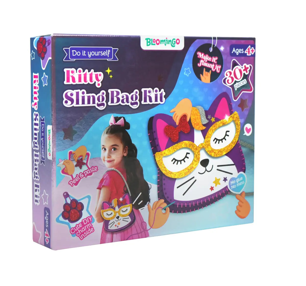 Bloomingo DIY Kitty Sling Bag Kit for Kids – 34-Piece Craft Set with Felt Stickers, Plastic Needle & Yarn – Fun Sewing & Decorating Activity for Creative Play | Ages 4+