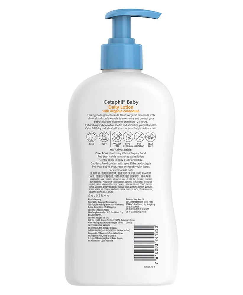 Cetaphil Baby Daily Lotion with Organic Calendula | 24-Hour Moisturisation for Baby’s Delicate Skin | Dermatologist Tested Gentle Skincare for Infants (400ml Pump Bottle)