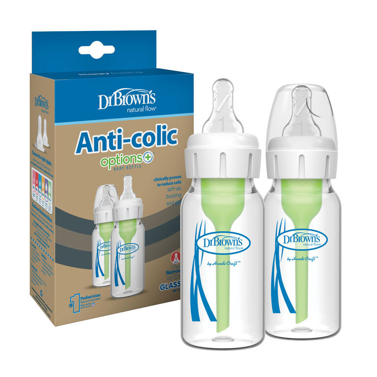 Dr. Brown’s Natural Flow Anti-Colic Options+ Narrow Glass Baby Bottle 4 oz (120mL), Level 1 Slow Flow Nipple, 2-Pack | Heat-Resistant Borosilicate Glass | BPA Free | Clinically Proven to Reduce Colic & Gas | 0m+ - MINIMEE KIDS