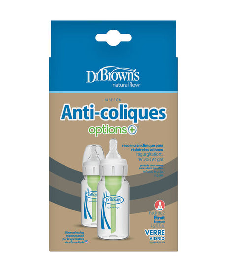 Dr. Brown’s Natural Flow Anti-Colic Options+ Narrow Glass Baby Bottle 4 oz (120mL), Level 1 Slow Flow Nipple, 2-Pack | Heat-Resistant Borosilicate Glass | BPA Free | Clinically Proven to Reduce Colic & Gas | 0m+ - MINIMEE KIDS