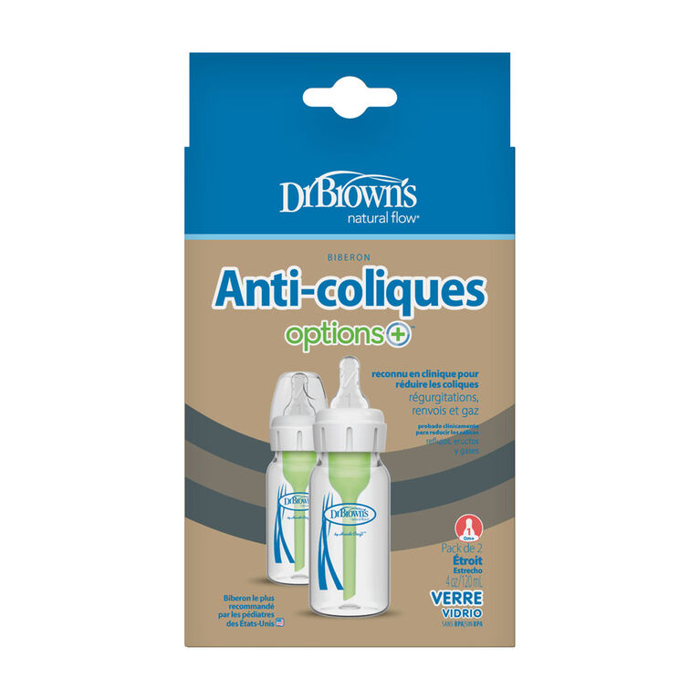 Dr. Brown’s Natural Flow Anti-Colic Options+ Narrow Glass Baby Bottle 4 oz (120mL), Level 1 Slow Flow Nipple, 2-Pack | Heat-Resistant Borosilicate Glass | BPA Free | Clinically Proven to Reduce Colic & Gas | 0m+ - MINIMEE KIDS