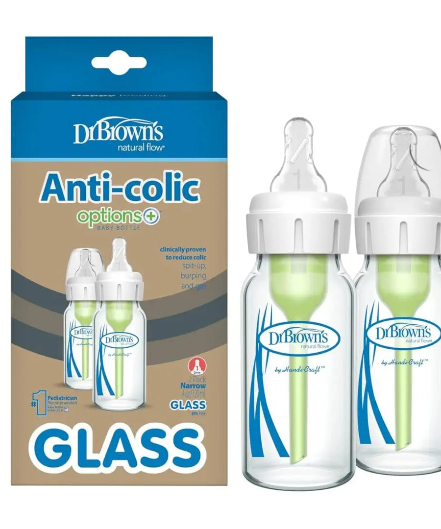 Two Dr. Brown's Natural Flow Anti-Colic Options+ Narrow Glass Baby Bottles with Level 1 Slow Flow Nipples, packaged with a product box.