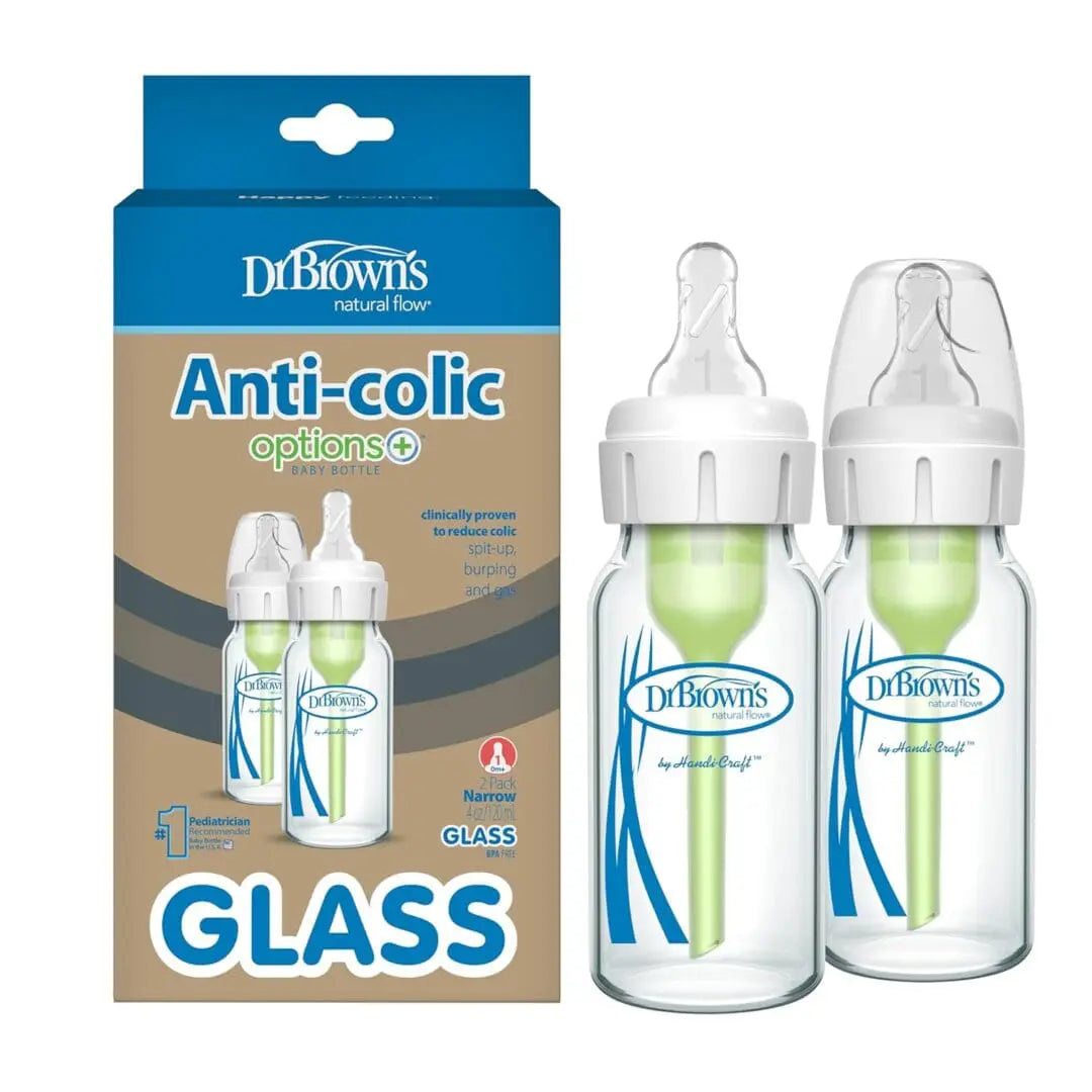 Two Dr. Brown's Natural Flow Anti-Colic Options+ Narrow Glass Baby Bottles with Level 1 Slow Flow Nipples, packaged with a product box.