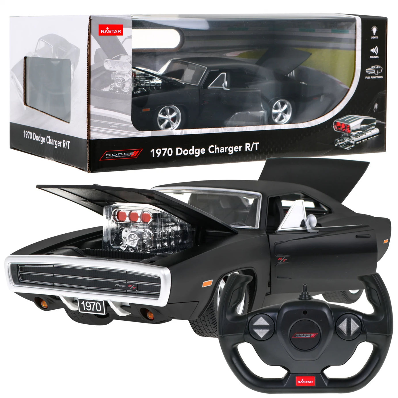 Rastar 1970 Dodge Charger R/T 1/16 Scale Licensed RC Car – Fast & Furious Remote Control Toy with Engine, Openable Doors, LED Lights & 2.4GHz Racing System for Kids & Collectors | 6+ Years