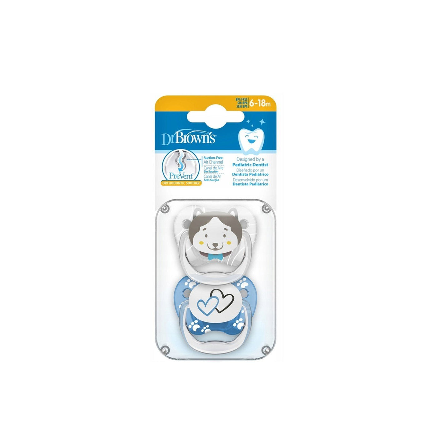 Dr Brown's PreVent Orthodontic Soother for 6-18 Months | Soft Silicone & Suction-Free Air Channel ( Design Vary)
