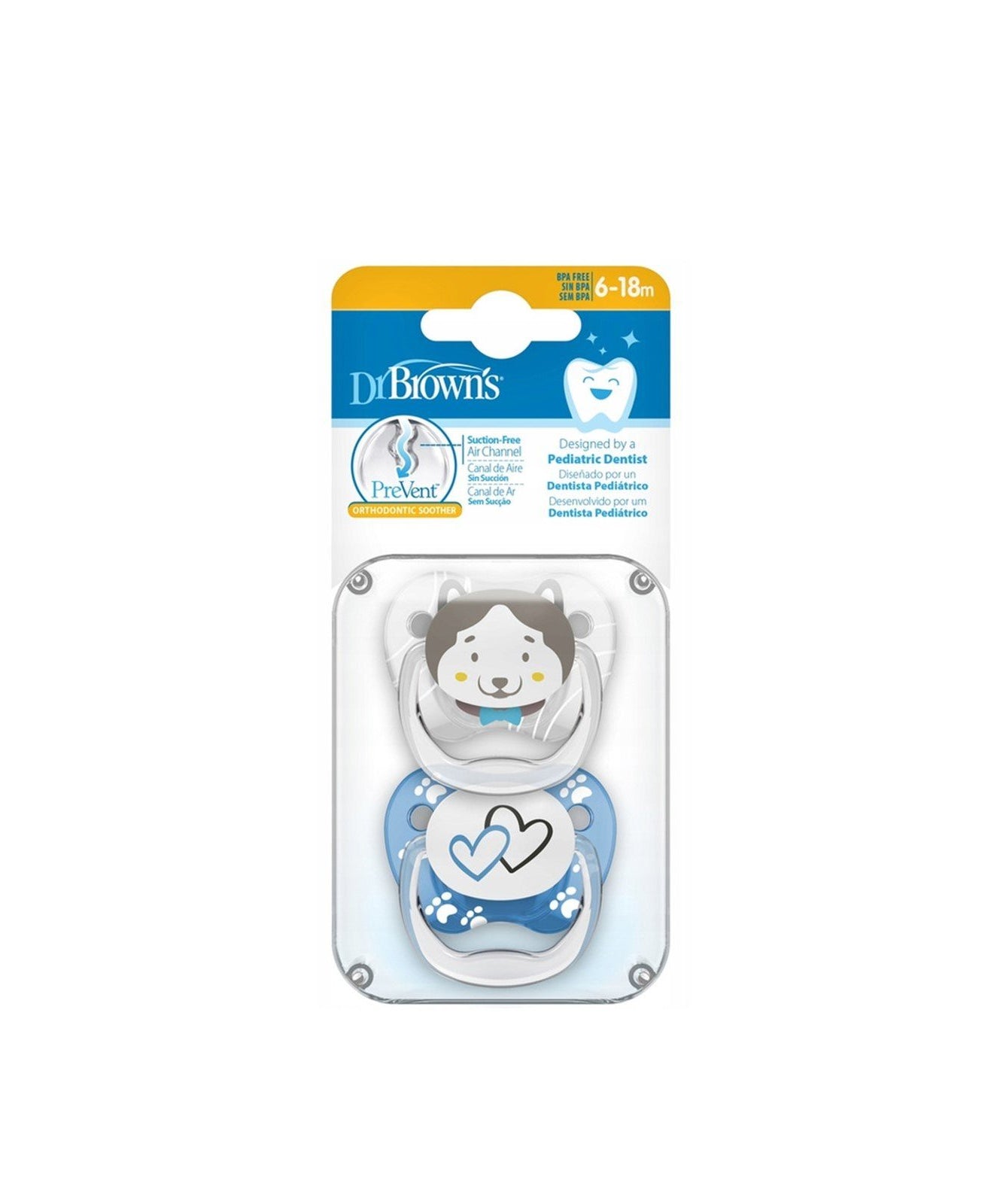 Dr Brown's PreVent Orthodontic Soother for 6-18 Months | Soft Silicone & Suction-Free Air Channel ( Design Vary)