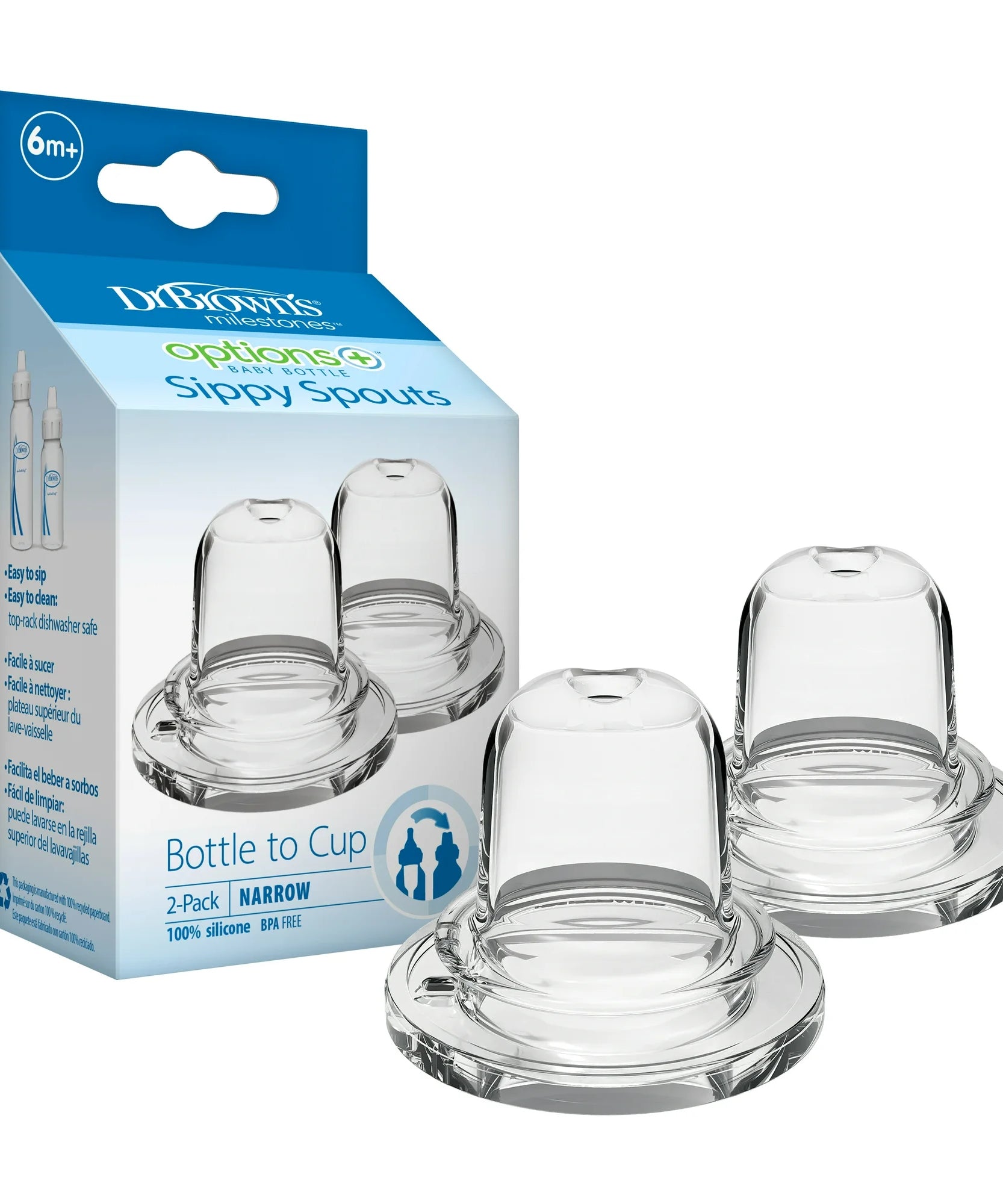 Dr. Brown's Milestones Options+ Baby Bottle Sippy Spouts - Narrow, Soft 100% Silicone (6m+, BPA Free) | Pack of 2