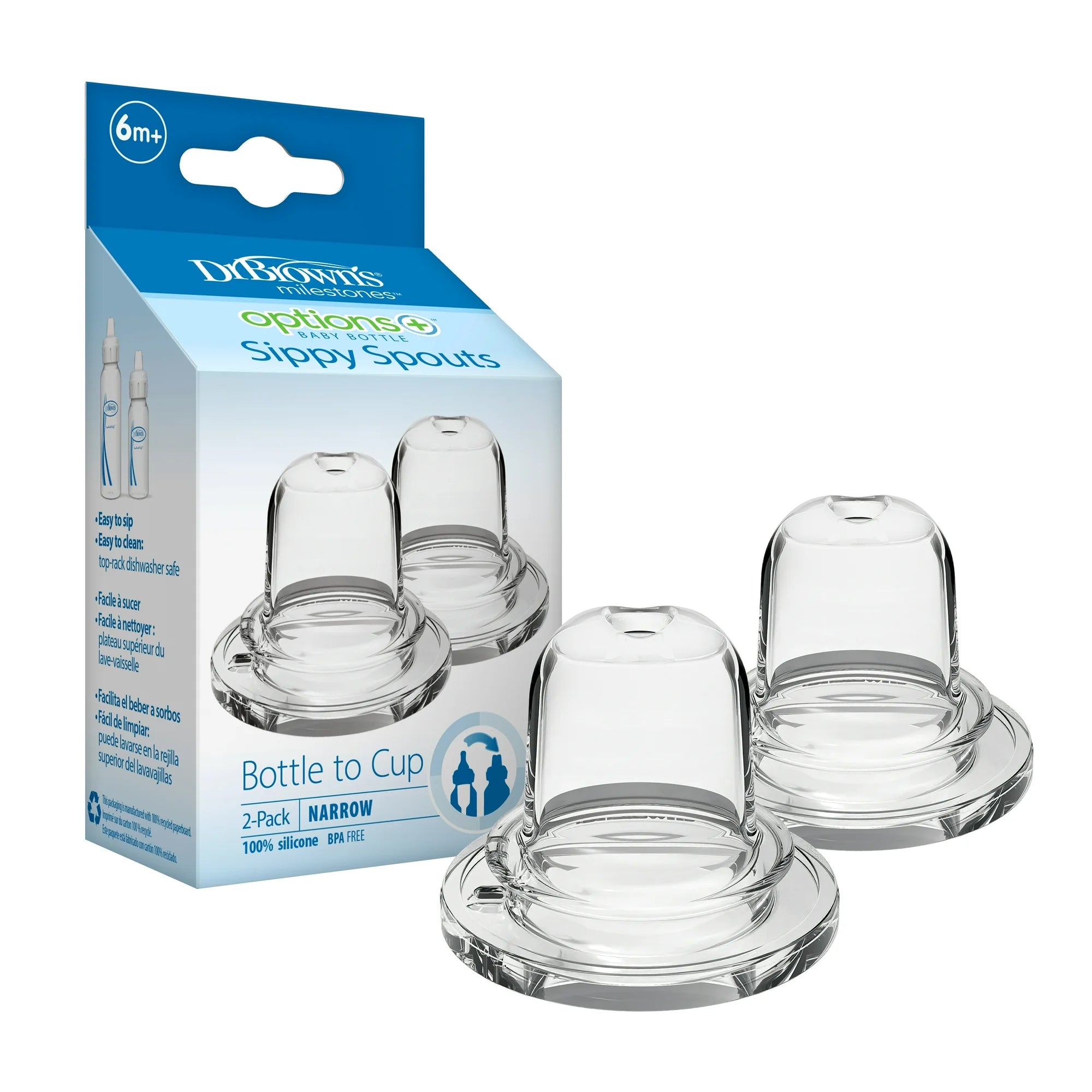 Dr. Brown's Milestones Options+ Baby Bottle Sippy Spouts - Narrow, Soft 100% Silicone (6m+, BPA Free) | Pack of 2