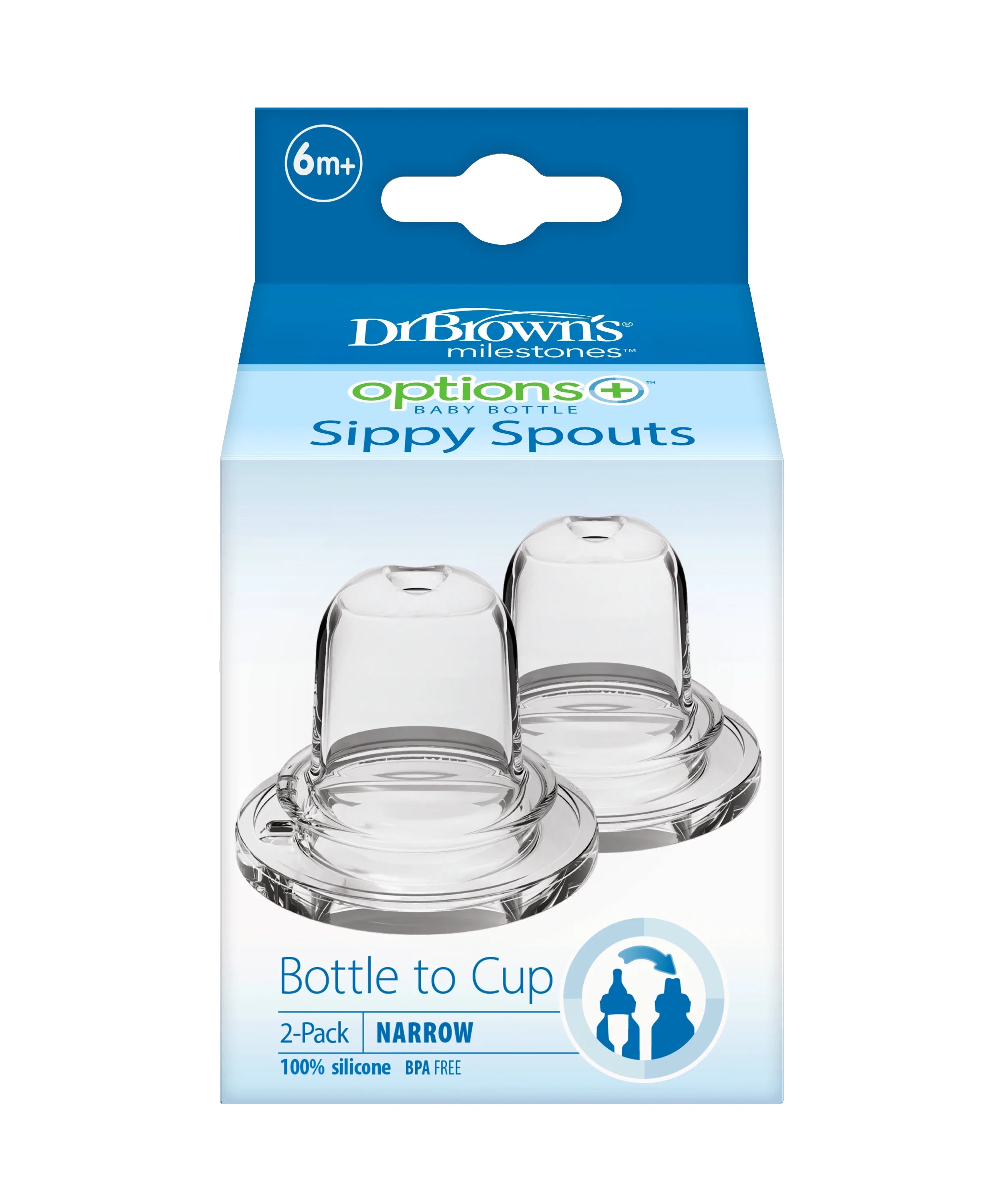 Dr. Brown's Milestones Options+ Baby Bottle Sippy Spouts - Narrow, Soft 100% Silicone (6m+, BPA Free) | Pack of 2