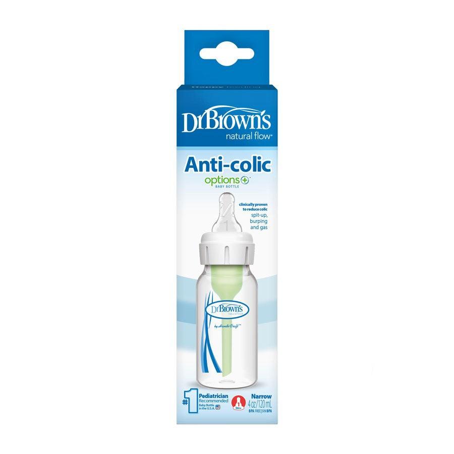 Dr. Brown’s Natural Flow Options+ Narrow Neck Anti-Colic Baby Bottle – 120ml | Level 1 Teat for Newborns | BPA-Free | Use With or Without Vent System | Reduces Gas, Spit-Up & Colic