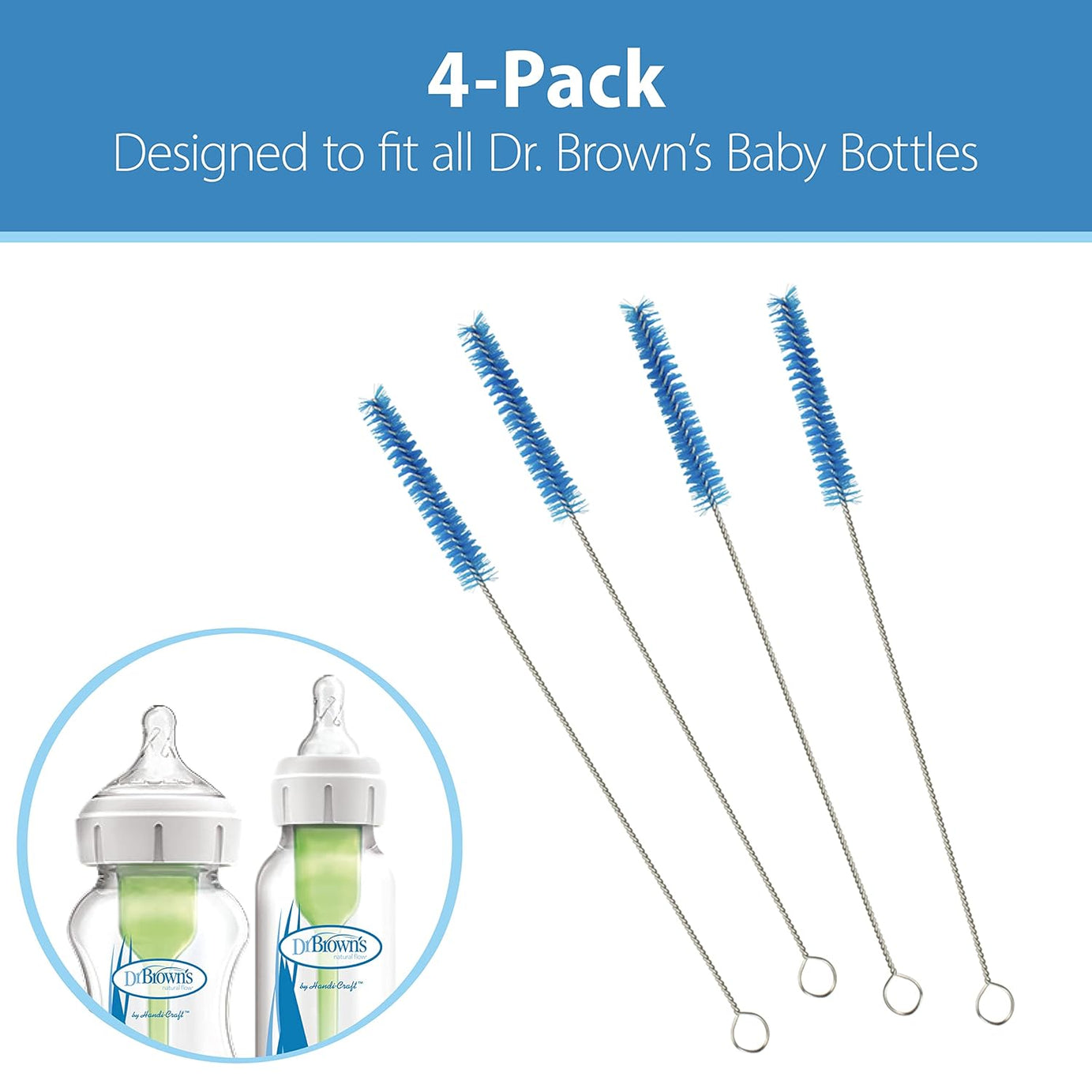 Dr. Brown's Natural Flow Cleaning Brushes - Essential Cleaning Set for Bottle Parts, Straws, and Sippy Spouts | BPA-Free | Pack of 4 Brushes