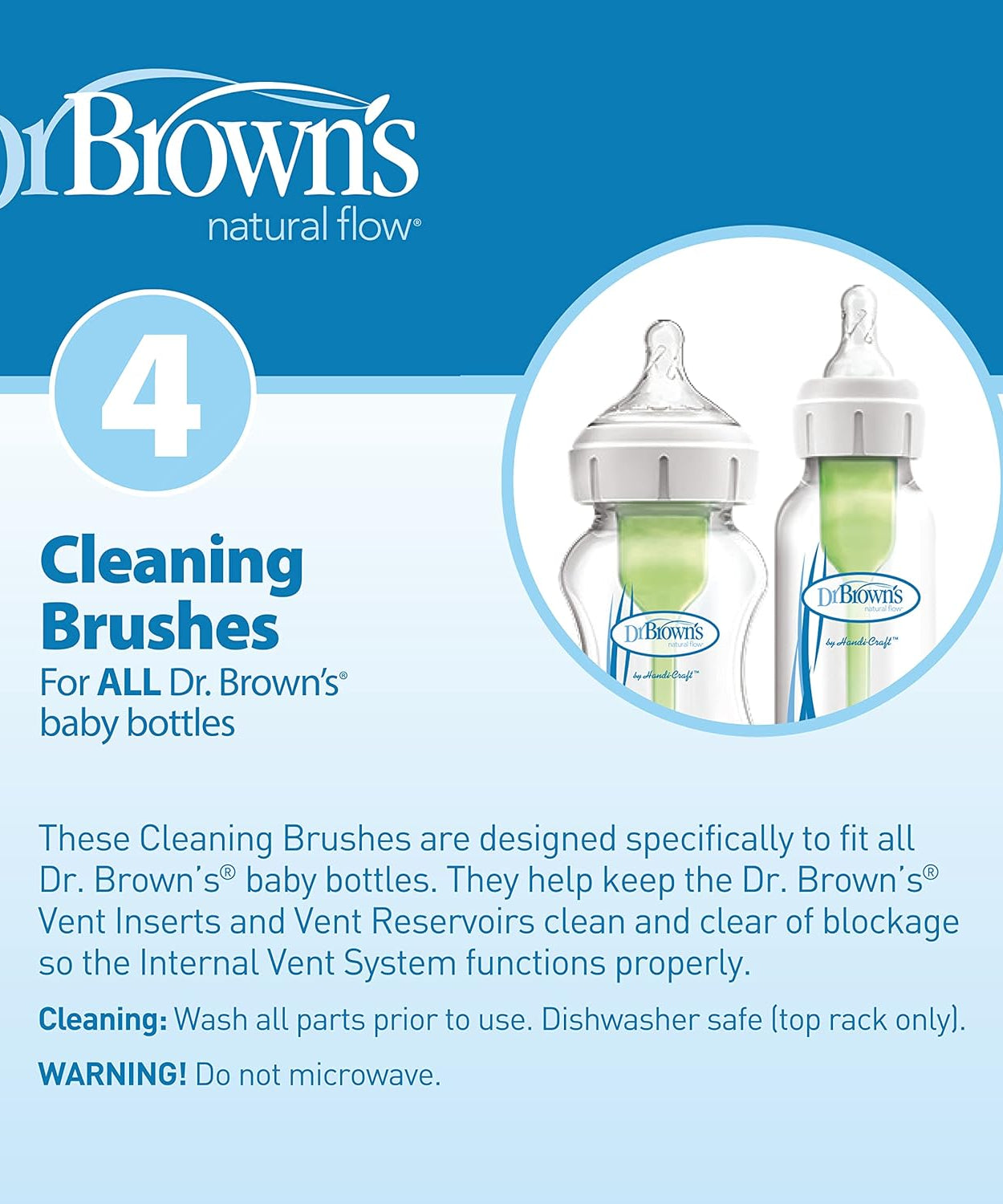 Dr. Brown's Natural Flow Cleaning Brushes - Essential Cleaning Set for Bottle Parts, Straws, and Sippy Spouts | BPA-Free | Pack of 4 Brushes